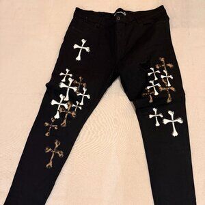 Black Cross-Patch Skinny Jeans • Streetwear Graphic Appliqué • Size 44